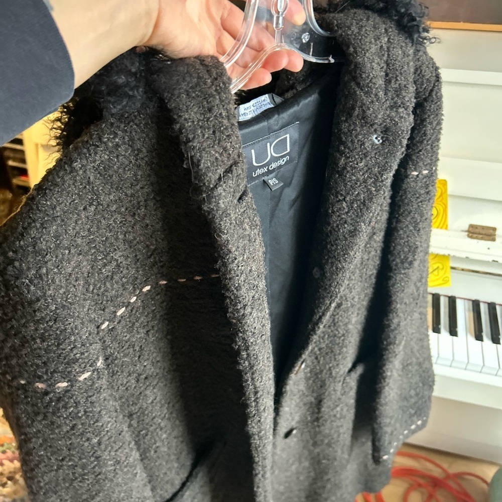 Utex Design Wool Blend Boucle Hooded Coat S Brown Black Trim Made in Romania - Picture 9 of 12